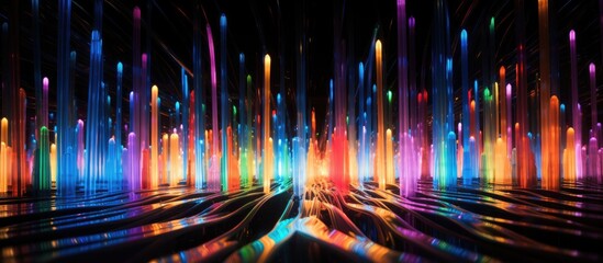 Colorful neon streaks of light, created by glow sticks, illuminate the darkness in an abstract and vibrant display. The lines twist and turn, creating a mesmerizing and dynamic visual experience. - obrazy, fototapety, plakaty
