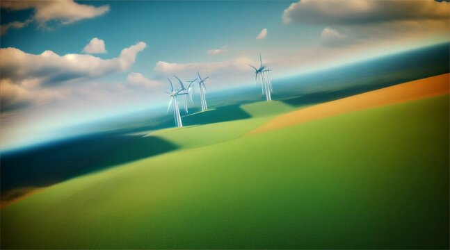 Wind turbines generate electricity as the sun sets over the field, painting the sky in hues of orange and pink