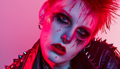 a punk rock alternative colorful mohawk piercing young subculture makeup girl 80s punker rocker cool urban goth rebel youth earrings stylish leather female woman fashion style person face hairstyle