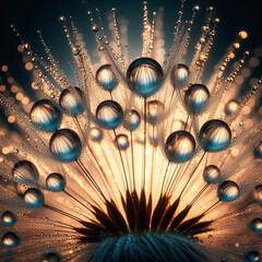 Macro closeup of water drops on a dandelion flower