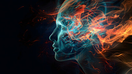 Mind and electric face shape, magnetic field, on black background, banner, presentation power point. - obrazy, fototapety, plakaty