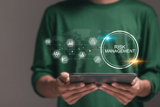 Risk management concept. Risk control and management strategies for risky businesses. assess, control, review, identify. Person use tablet with Risk analysis in business decisions.