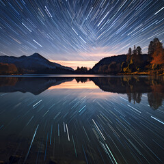 Star trails over a calm lake.