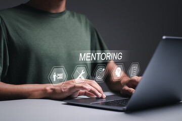 Mentoring business concept. Motivation, Success, Career, Coaching, advice, knowledge and experience of the mentor. Person use laptop with motoring icons on virtual screen.
