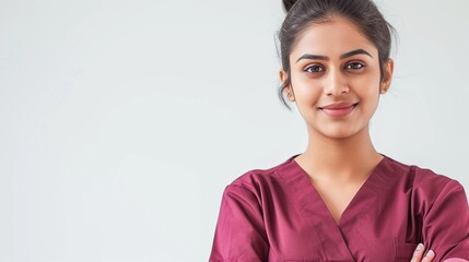 Confident young female Indian doctor in maroon scrubs on a light background
