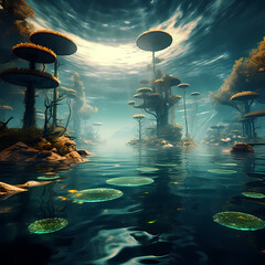 Surreal underwater scene with floating islands.