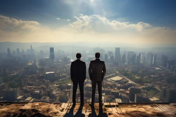 Fotobehang Businessmen on roof - investments, patron, business: economic growth strategic capital investment and innovative building initiatives, success in the dynamic landscape of entrepreneurial development. © Ruslan Batiuk