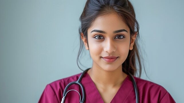 Confident smart young female Sri Lankan doctor in maroon scrubs with a stethoscope on a light grey background