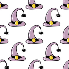 Hand drawn cute seamless pattern with cartoon Witch Hat and spider in doodle design