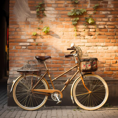 Fototapeta na wymiar Vintage bicycle leaning against a brick wall.