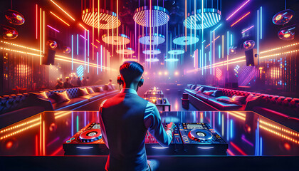 a nightclub disc jockey night event record headphone performance person stereo dj booth stage headphones studio dance party turntable deejay entertainer club festival clubbing music entertainment - obrazy, fototapety, plakaty