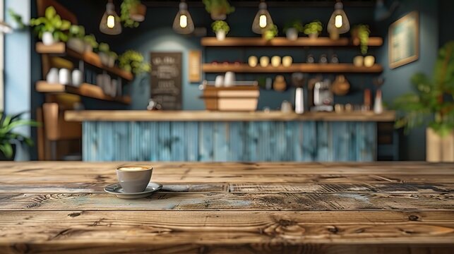 Wooden board empty Table Top And Blue Interior over blur in coffee shop Background