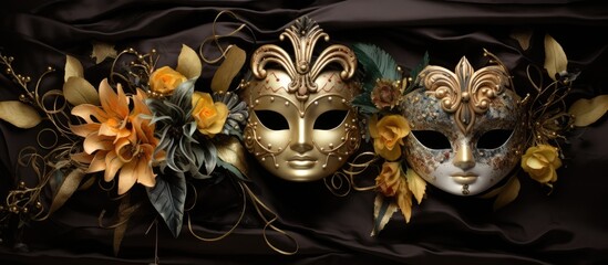 A group of enchanting Venetian masks adorned with delicate garland sits atop a black cloth. The colorful masks create a striking contrast against the dark background.