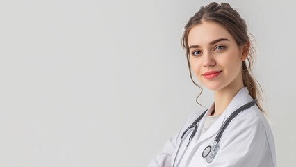 Smart confident young female caucasian doctor in white coat on a light background