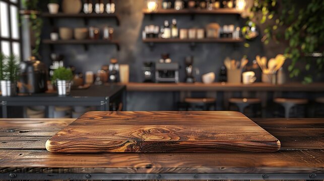 Wooden board empty Table Top And Blur Interior over blur in coffee shop Background