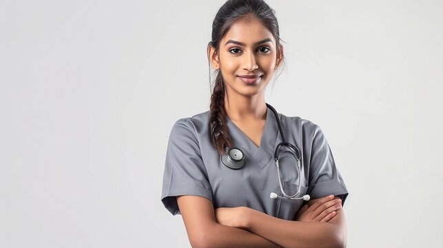 Smart confident young female Sri Lankan doctor in grey scrubs on light background 