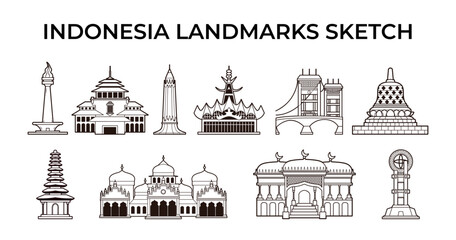 Various indonesian landmarks element outline sketch vector illustration set