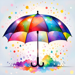 Bright rainbow umbrellas, clouds and kitchen background.