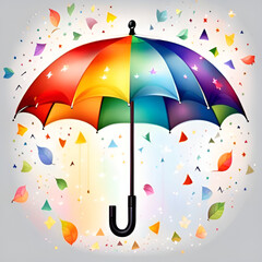 Bright rainbow umbrellas, clouds and kitchen background.