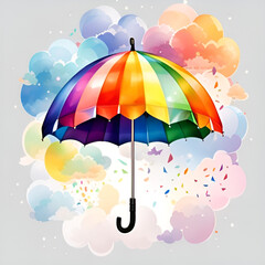 Bright rainbow umbrellas, clouds and kitchen background.