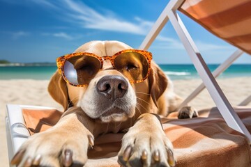 Cute labrador retriever dog in sunglasses lying on a beach chair.
