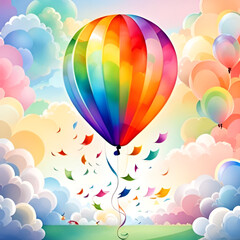 Bright watercolor balloons in the middle of clouds.