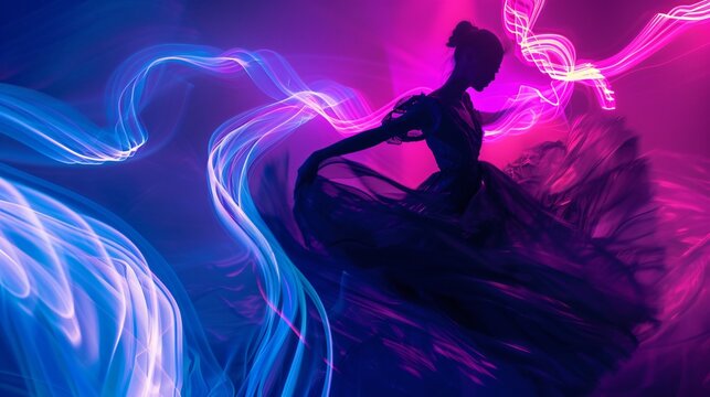 UV glow and neon lights tracing the fluid motions of a dancer creating a living canvas of vibrant hues
