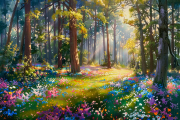 Enchanted Forest Glade Bathed in Sunlight Amidst a Carpet of Wildflowers - obrazy, fototapety, plakaty