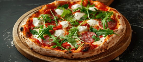 A close-up view of an Italian pizza with mozzarella, salami, tomato sauce, and fresh arugula placed on a wooden plate. The pizza is displayed against a dark slate background.