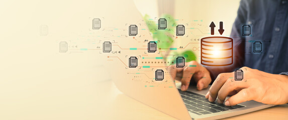 Cloud computing data management technology system for computer network cyber security or database file document transfer and sharing, big data for finance data analytics to growth concepts.