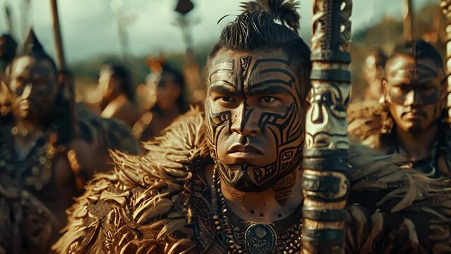 A group of Maori warriors their faces adorned with fierce war paint march towards their enemy with unwavering determination and pride in their heritage.