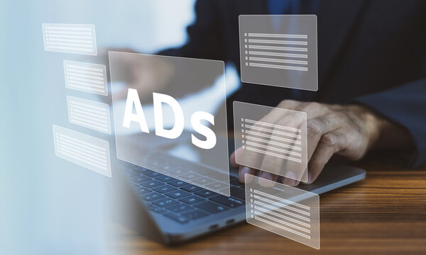 Businessman using Ads promote content marketing online social media on website internet technology and coperate promotion SEO on networking in the globe.
