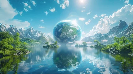 Foto op Canvas World environment day text with a full view of planet earth and nature landscape creative concept image manipulation © INK ART BACKGROUND