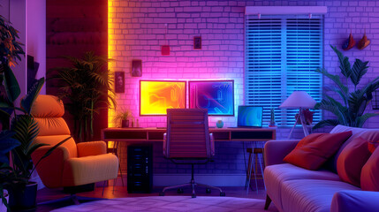 Desk with Monitor - Neon Lighting - Computer Aesthetics