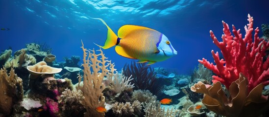 Naklejka na ściany i meble A queen angelfish gracefully swims above a vibrant coral reef in the Caribbean. The reef is teeming with life, showcasing an array of colors and textures as the fish navigates its way through the