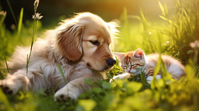 Golden retriever puppy with dogy
