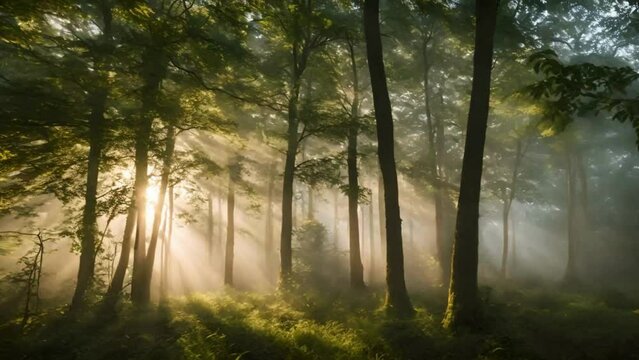 Beautiful Morning in the Forest at sunrise or evening rays through the forest, foggy and misty