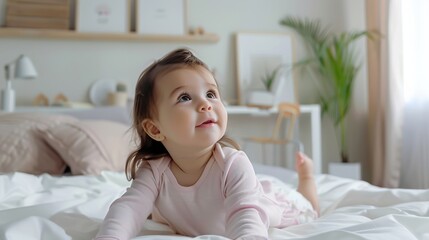 Obraz na płótnie Canvas Adorable toddler girl lying on bed, peaceful, modern minimalist bedroom.