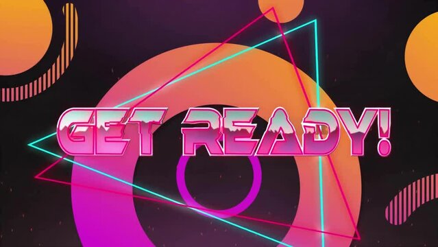 Animation of get ready text and neon triangles over pink and red shapes