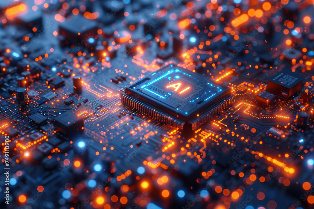 Aufkleber Computer Processor Microchip with AI Sign on a Glowing Circuit Board extreme closeup. Generative AI