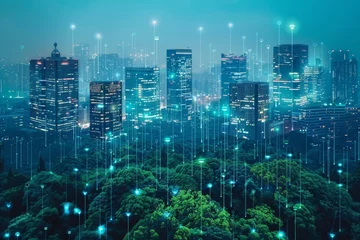  Smart city concept with eco-friendly tech solutions like IoT connected public services, energy-efficient buildings, and clean transport, digital overlay on urban landscape future city © Sittipol 