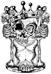 Hand drawn illustration line art, skull art vintage design, skull hourglass sketch black and white