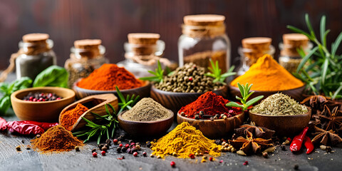 Set of Spices and herbs for cooking. Small bowls with colorful seasonings and spices, basil, pepper, saffron, salt, paprika, turmeric on rustic wooden plank table background.AI Generative
