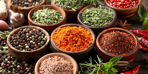 Colorful and delicious spices in dishes with traditional grinding tools on a table.AI Generative
