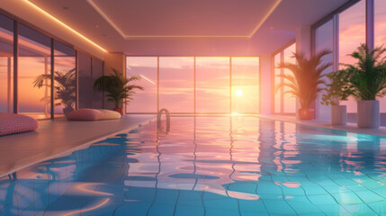 Fototapeta na wymiar Modern architecture design luxury indoor swimming pool with large windows in soft sunset light