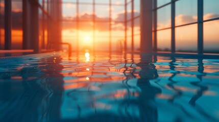 Modern architecture design luxury indoor swimming pool with large windows in soft sunset light