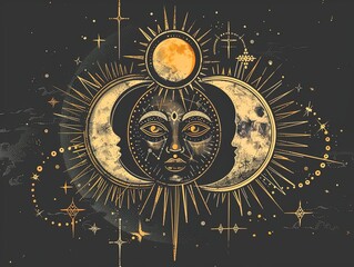 Incorporate geometric shapes and symbols to add a modern twist to the traditional imagery of the sun and moon