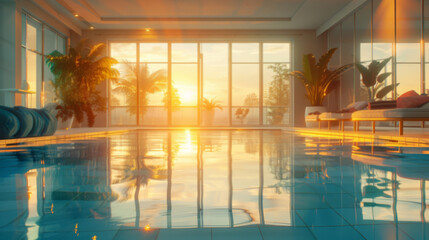 Modern architecture design luxury indoor swimming pool with large windows in soft sunset light