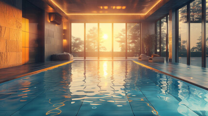 Obraz na płótnie Canvas Modern architecture design luxury indoor swimming pool with large windows in soft sunset light