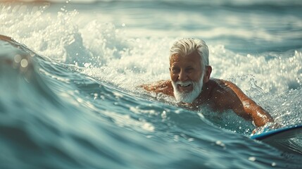 Active senior man surfing at the ocean. A spirited senior man embarking on exciting surf journeys.